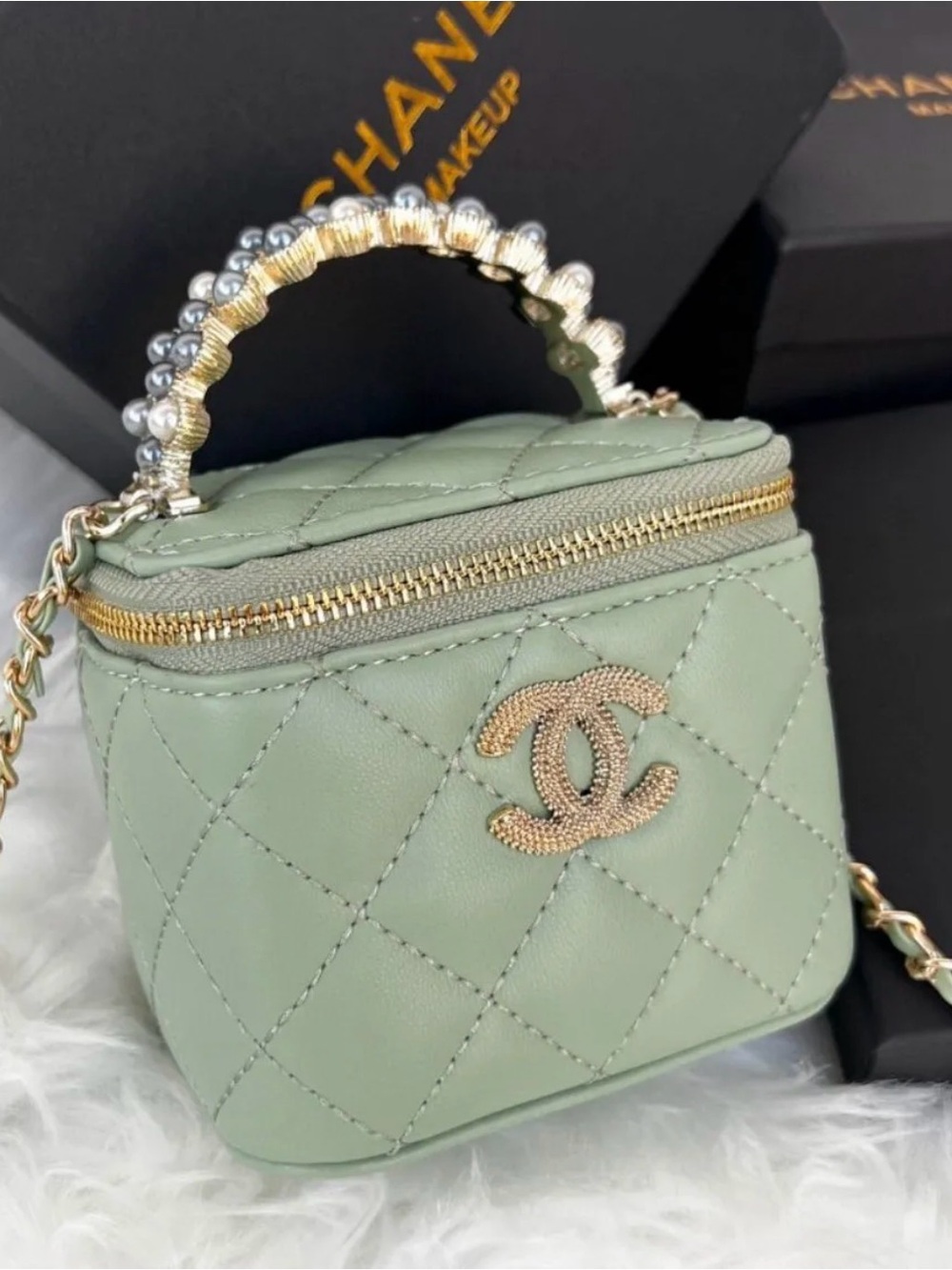 VIP Mint Green Quilted Mini Vanity Bag with Pearl-Trim Handle